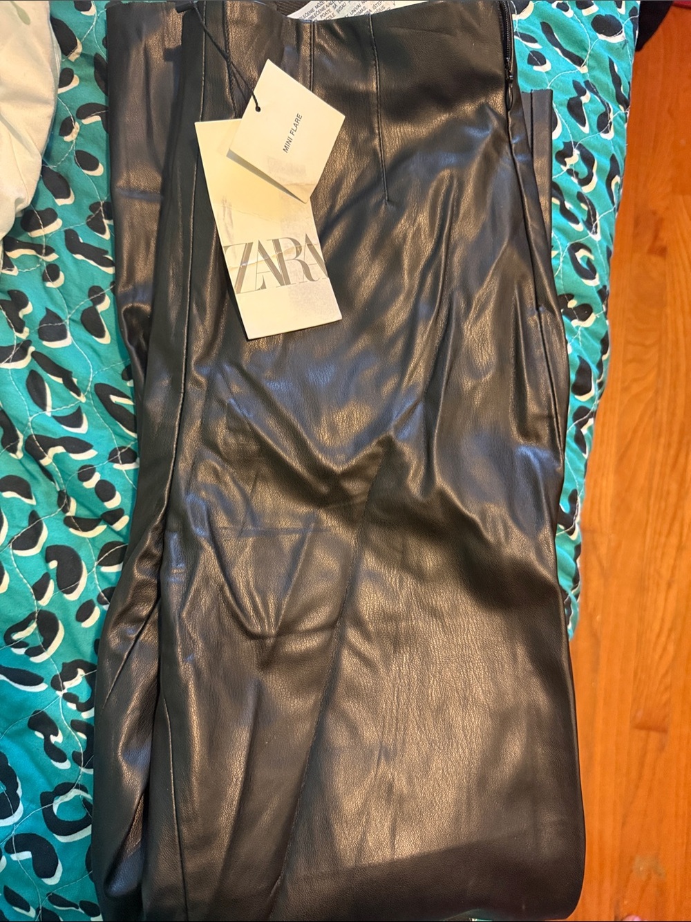 Zara Black Faux Leather Midi Skirt